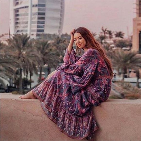 Boho Floral Print Gypsy Maxi Dress Purple Paisley - Picture 3 of 13